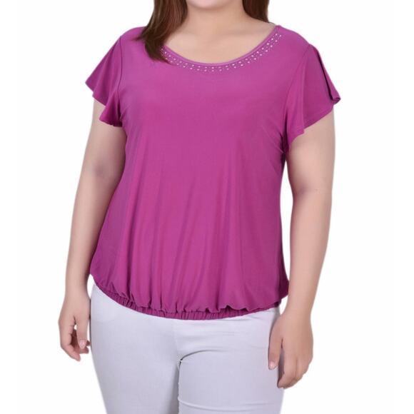 NY Collection Plus Size Flutter Sleeve top with studded  neckline Top| Size 3X - Picture 3 of 3